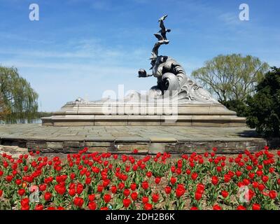 Des tulipes rouges fleurissent autour d'un monument pour le paysage floral du printemps arrière-plans Banque D'Images