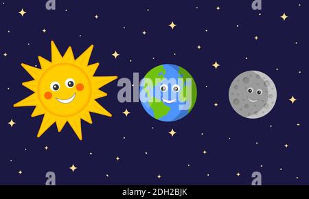 Personnages mignons Soleil, Terre et Lune sur un arrière-plan étoilé dans l'espace sombre. Astronomie drôle pour les enfants. Illustration de dessins animés vectoriels pour des leçons de sciences éducatives dans les jardins d'enfants et les écoles. Illustration de Vecteur