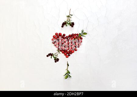 Le coeur des baies rouges de canneberges fraîches est percé d'une flèche d'une branche de mûre bordeaux. Ci-dessus se trouve une branche jumelée, ci-dessous avec des feuilles Banque D'Images