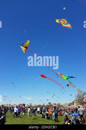WASHINGTON, DC - 31 mars 2018 : une grande foule d'adultes et d'enfants font du cerf-volant au Kite Festival sur le National Mall, près du Washington mon Banque D'Images