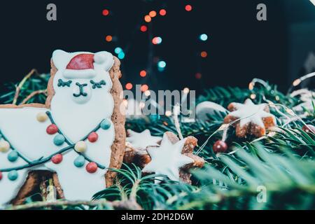 Biscuit de lama de pain d'épice sur l'épinette verte avec des étoiles de pain de gingembre, des coeurs gris de wodden et des lumières LED de fée ou des branches d'if, composition sur Banque D'Images