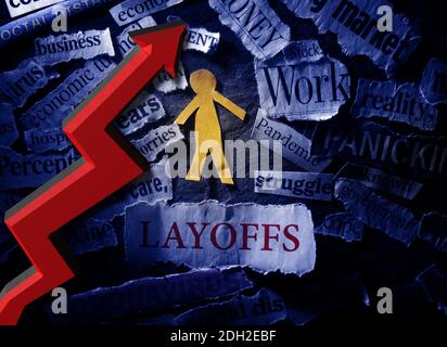 Titre des employés et des licenciements, avec flèche vers le haut et coronavirus et nouvelles économiques Banque D'Images