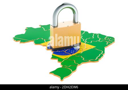 Verrouillage au Brésil. Cadenas avec carte, concept de protection des frontières. Rendu 3D isolé sur fond blanc Banque D'Images