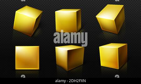 Cube doré, boîte dorée carrée 3d à l'avant et vues en perspective. Ensemble vectoriel réaliste de blocs cubes métalliques jaunes avec réflexion isolée sur fond transparent Illustration de Vecteur