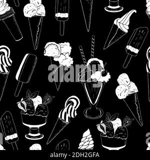 Motif doux sans coutures crème glacée sur fond noir. Illustration vectorielle, éléments dessinés à la main. Excellente impression pour cartes de vœux, vêtements, linge de lit, tissu, Illustration de Vecteur