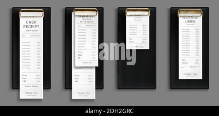 Reçu d'espèces sur le presse-papiers noir, facture d'achat, chèque de la somme de vente au détail du supermarché et paiement total du prix de vente du magasin, paiement vierge isolé sur fond gris. Ensemble de vecteurs 3d réalistes Illustration de Vecteur