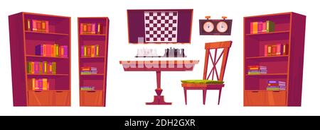 Intérieur du club d'échecs avec planche, pièces et horloge. Ensemble de meubles de dessin animé vectoriel pour jouer aux échecs, table, chaises, bibliothèques avec livres et damier dans un cadre en bois isolé sur fond blanc Illustration de Vecteur