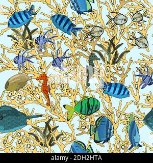 Motif sous-marin sans couture avec poissons exotiques, hippocampes, corail. Vecteur tracé à la main. Illustration de Vecteur