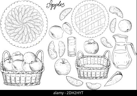 Ensemble de pommes, tranches de pommes, tartes aux pommes, cruche de jus de pomme, panier de récolte noir, verre sur fond blanc. Illustration des aliments dessinés à la main. Illustration de Vecteur