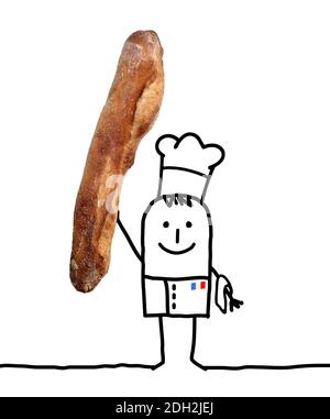 Dessin main du chef Baker de dessin animé avec une grosse baguette française Main - collage Banque D'Images