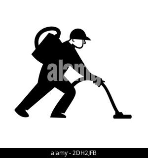 Nettoyage industriel Janitor passer l'aspirateur sur le sol vue latérale Noir rétro et Blanc Banque D'Images