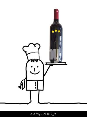 Chef cuisinier en dessin animé à la main avec une grande bouteille de vin Dans un bac - collage Banque D'Images