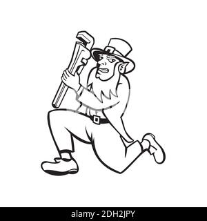 Lepretachun Plumber Running Cartoon Noir et blanc Banque D'Images