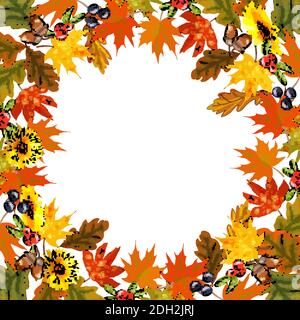 Motif d'automne carré avec feuilles, fleurs, glands, baies sur blanc. Illustration de Vecteur