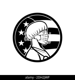 American Nurse Wearing Mask Side USA Flag Mascot Noir et Blanc