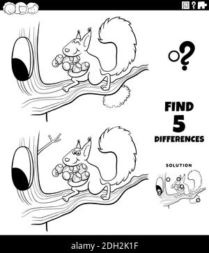 Illustration de dessin animé noir et blanc de la recherche des différences entre images jeu éducatif pour les enfants avec écureuil transportant des acorns à son tr Illustration de Vecteur