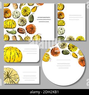 Jeu de gabarits avec citrouilles. Éléments d'automne pour le design, les boîtes-cadeaux, les cartes de vœux, les invitations, les affiches Illustration de Vecteur