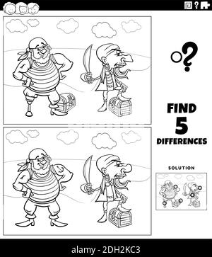 Illustration de dessin animé noir et blanc de la recherche des différences entre images jeu éducatif pour les enfants avec des pirates et leur trésor colorin Illustration de Vecteur