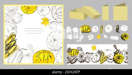 Motif d'automne carré et bordure sans couture avec citrouilles, légumes, récolte. Éléments d'automne pour le design, boîtes-cadeaux, cartes de vœux, invitations, po Illustration de Vecteur