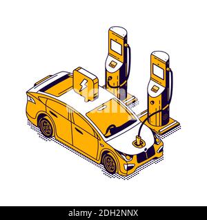 Voiture de ravitaillement électrique icône isométrique, carburant vert, concept de protection de l'environnement Illustration de Vecteur