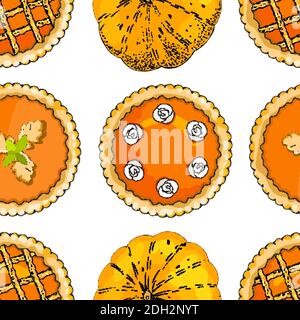 Motif sans couture avec tourtes et citrouilles. Le thème de l'automne, de la récolte et de l'action de grâce. Illustration de Vecteur