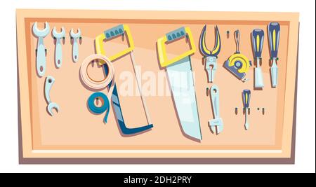 Ensemble d'outils pour un charpentier, un support avec un ensemble pour le travail du bois fixé sur lui dessin animé illustration vectorielle Illustration de Vecteur