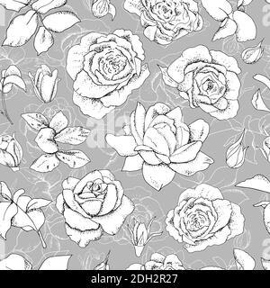 Motif rose noir et blanc sans couture. Excellent pour le tissu, le papier peint, les boîtes-cadeaux, les cartes de vœux de fond et les invitations Illustration de Vecteur