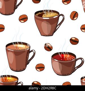 Fond sans couture avec grains de café et tasses de café et de thé. Illustration vectorielle dessinée à la main. Illustration de Vecteur