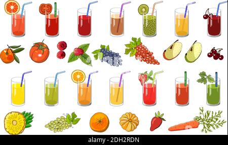 Ensemble de jus et fruits naturels. Illustration vectorielle dessinée à la main pour votre design, annonces, cartes, affiches, menu de restaurant. Illustration de Vecteur