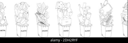 Motif de contour sans fin. Poubelles avec ensemble de déchets triés. Différents types de déchets. Collection de poubelles colorées à la main Vector. Concept o Illustration de Vecteur