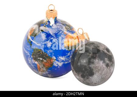 Boules de Noël avec texture de cartes de la Terre et de la Lune, rendu 3D isolé sur fond blanc Banque D'Images