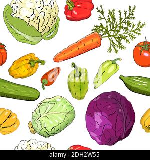 Motif vectoriel sans couture avec différents légumes frais isolent sur le blanc. Texture sans fin dessinée à la main pour votre design, annonces, cartes postales, poster Illustration de Vecteur