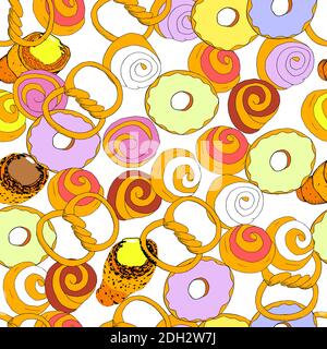Beignets et pâtisseries à motif plat vectoriel sans couture. Illustration amusante et sans fin de vecteur. Illustration de Vecteur