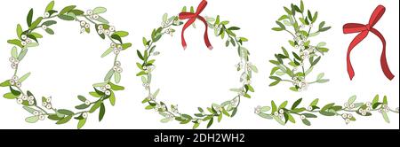 Couronne dessinée à la main, bordure sans couture et éléments de fête avec GUI. Cadre rond vectoriel pour cartes de Noël et motif hiver. Illustration de Vecteur