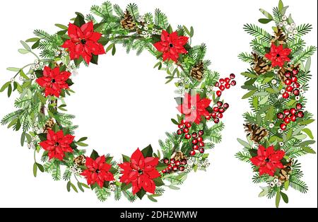 Couronne de fête à motif vectoriel avec GUI, cône, branche, houx, poinsettia isolée sur fond blanc. Illustration de Vecteur