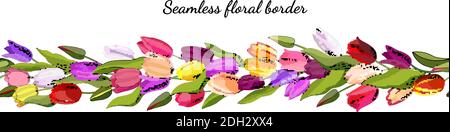 Brosse à fleurs sans couture en forme de fleur en tulipes mignons et colorées. Illustration isolée et vectorielle dessinée à la main. Motif fleuri, toile de fond fleurie. Han festif Illustration de Vecteur