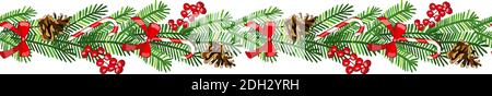 Vector noël bordure sans couture avec GUI, cône d'épinette, branches d'épinette, poinsettia, Holly, canne au caramel isolée sur blanc. Illustration de Vecteur