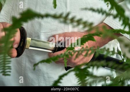 Les mains des hommes prennent une épée katana japonaise Banque D'Images