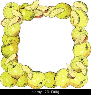 Gabarit carré avec pommes, tranches de pommes. Illustration des aliments dessinés à la main. Illustration de Vecteur