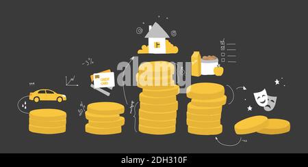 Illustration de dessin à main vectorielle sur fond noir. Au-dessus des piles de pièces se trouvent une maison, une voiture, de la nourriture, des cartes de crédit. Budget familial ou personnel Illustration de Vecteur