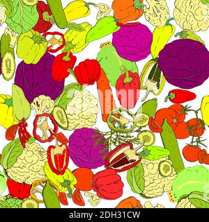 Motif vectoriel sans couture avec différents légumes frais isolent sur le blanc. Texture sans fin dessinée à la main pour votre design, annonces, cartes postales, poster Illustration de Vecteur