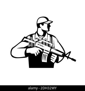 Soldat ou militaire Serviceman avec fusil d'assaut look rétro Noir et blanc Banque D'Images