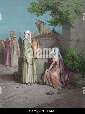 Ancien Testament. Genèse. Chapitre 24. Rebekah donne de l'eau au serviteur d'Abraham (Eliezer). Gravure par Gustave Dore (1832-1883) Banque D'Images