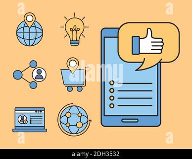 la main comme dans la bulle de la parole et les médias sociaux de smartphone avec définir les icônes de style de ligne et de remplissage conception d'illustration vectorielle Illustration de Vecteur