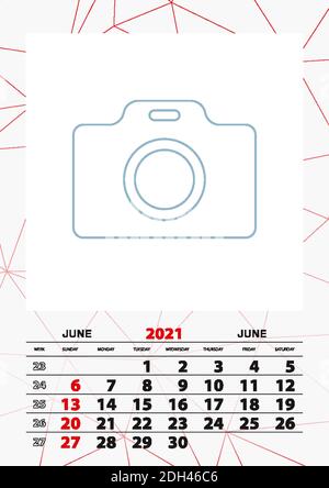 Modèle de calendrier mural pour le 2021 juin, la semaine commence le dimanche. Illustration vectorielle. Illustration de Vecteur