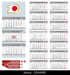 Modèle de calendrier mural japonais pour 2021 ans. Japonais et anglais. La semaine commence le lundi. Prêt pour l'impression. Illustration vectorielle. Illustration de Vecteur