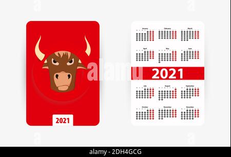 Calendrier vertical de poche pour 2021 ans. Calendrier avec symbole Zodiac chinois de l'année – Ox. Illustration vectorielle. Illustration de Vecteur