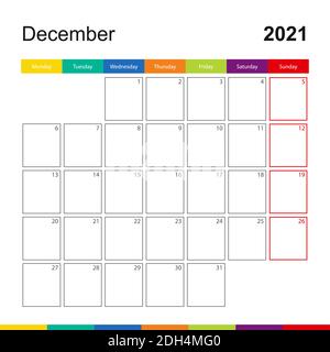Calendrier mural coloré du 2021 décembre, la semaine commence le lundi. 2021 modèle de calendrier. Illustration de Vecteur