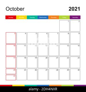 Calendrier mural coloré du 2021 octobre, la semaine commence le dimanche. 2021 modèle de calendrier. Illustration de Vecteur