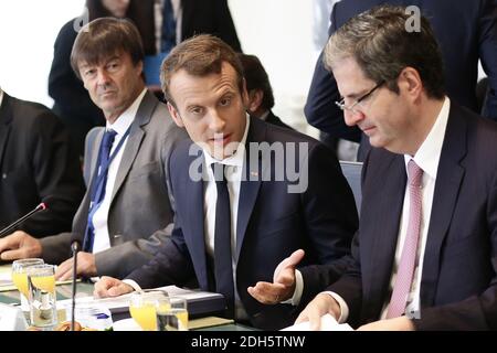 Le président français Emmanuel Macron et les ministres français rencontrent les dirigeants des ONG à la mission française des Nations Unies à New York le 19 septembre 2017. Photo de Stephane LeMouton/Pool/ABACAPRESS.COM Banque D'Images
